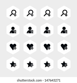 16 icon loupe, user profile, star favorite, heart bookmark icon with plus, delete, check mark and minus sign set 07. Black pictogram on white hexagon button. Web design vector illustration 8 eps