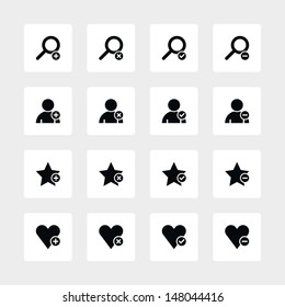 16 icon loupe, user profile, star favorite, heart bookmark icon with plus, delete, check mark and minus sign set 07. Black pictogram white rounded square button. Web design vector illustration 8 eps