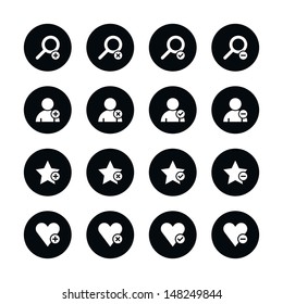 16 icon loupe, user profile, star favorite, heart bookmark icon with plus, delete, check mark minus sign set 07. White pictogram on black circle button. Web design element vector illustration 8 eps