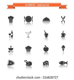16 Icon Set. Cooking, Food and Kitchen Icons Set with Reflection. EPS10 vector.