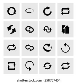 16 icon set of refresh, reload, loader arrow. black icons on white background. Tidy, clean, simple, minimal, solid, plain style. Vector illustration web internet design element