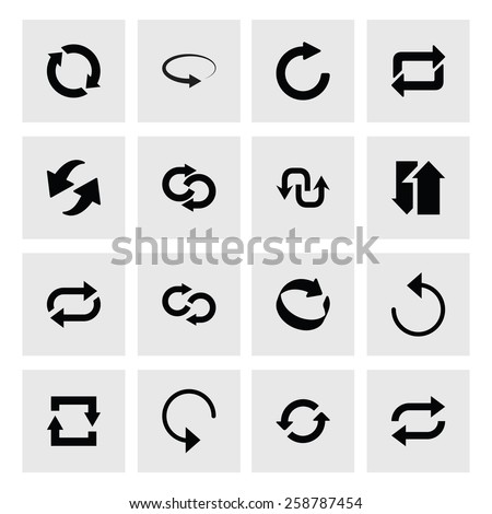 16 icon set of refresh, reload, loader arrow. black icons on white background. Tidy, clean, simple, minimal, solid, plain style. Vector illustration web internet design element