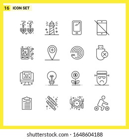 16 Conjunto de iconos. Símbolos de líneas simples. Signo de esquema en fondo blanco para el diseño de aplicaciones móviles del sitio web y medios impresos.