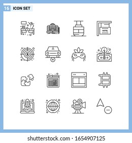  16 Symbole. Kreative Symbole im Zeilenstil. Schwarze Linie Symbol Zeichen einzeln auf weißem Hintergrund.