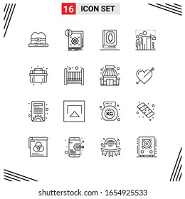 Estilo Línea De 16 Iconos. Símbolos de esquema creativo basados en cuadrícula para el diseño del sitio web. Señales de icono de línea simples aisladas en fondo blanco.16 Conjunto de iconos.