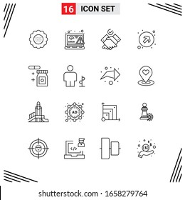 Estilo Línea De 16 Iconos. Símbolos de esquema creativo basados en cuadrícula para el diseño del sitio web. Señales de icono de línea simples aisladas en fondo blanco.16 Conjunto de iconos.