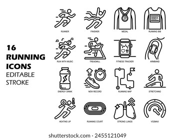 16 icons related to running. Editable stroke. Vector illustration