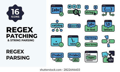 16 Icons Representing Regex Patching and String Parsing Concepts