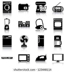 16 icons/ silhouettes of home appliances.