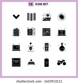 16 iconos en estilo sólido. Símbolos de glifo sobre fondo blanco. Señales de vectores creativos para móviles web e impresión.
