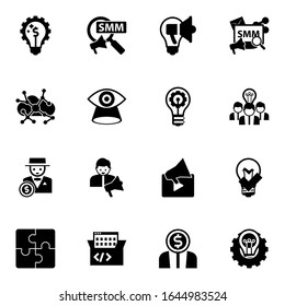 16 iconos llenos de ideas aislados en fondo blanco. Iconos con soluciones de marketing, marketing social, campaña creativa, aprendizaje asincrónico, visión, iconos de innovación.