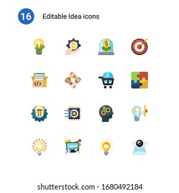 16 idea flat icons set isolated on . Icons set with great solution, fintech industry, Business incubator, Game-based Learning, start-up team, eLearning, Creative process icons.