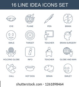16 idea icons. Trendy idea icons white background. Included line icons such as eye, plane, pen, brain, smile, target, teacher, brain surgery, holding globe. idea icon for web and mobile.