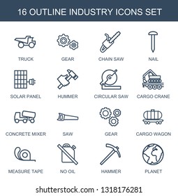 16 industry icons. Trendy industry icons white background. Included outline icons such as truck, gear, chain saw, nail, solar panel, hummer. industry icon for web and mobile.