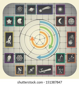 16 infographic elements with graph background including astronomy symbols