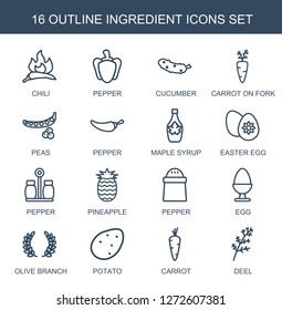 16 ingredient icons. Trendy ingredient icons white background. Included outline icons such as chili, pepper, cucumber, carrot on fork, peas. ingredient icon for web and mobile.