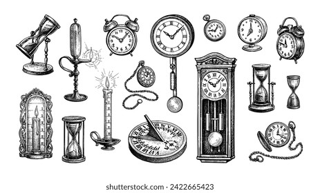 16 ink illustrations of antique clocks. Big set. Hand drawn vector illustration. Retro style.