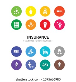 16 insurance vector icons set included accident, air travel insurance, bite, broken arm, building insurance, burning car, car cargo child, coffin, long term protection icons