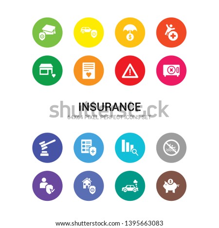 16 insurance vector icons set included savings, total loss, replacement value, beneficiary, risk pool, actual cash value, coverage area, legal expenses, bank safe, construction risk, marriage