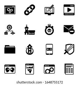 16 interface filled icons set isolated on white background. Icons set with back end, link building, Webdesign, Algorithm, church, deadline, Folder, level up, media player icons.