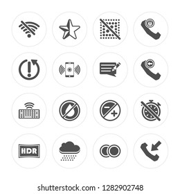 16 Internet Connections Off, Half Star Full, Rain Cloud, High Dynamic Range Imaging, Timer Phone Call Outcoming modern icons on round shapes, vector illustration, eps10, trendy icon set.