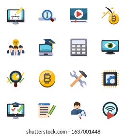 16 internet flat icons set isolated on white background. Icons set with Webdesign, Search engine, Video marketing, Collaborative idea, eCommerce, Calculator, Marketing analytics icons.