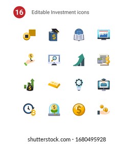 16 investment flat icons set isolated on . Icons set with Tokens, Business education, Affiliate Marketing, Investor, analytics app, growth, Asset, gold bar, fintech innovation icons.
