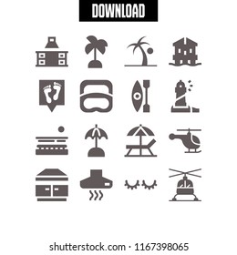 16 island vector icon set with sun umbrella, diving, lighthouse and kayak icons for mobile and web