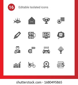 16 isolated filled icons set isolated on . Icons set with grilled fish, Envelop, award, Marker, mining farm, Accounting software, rich man, Initial Coin Offering, Car wash service icons.