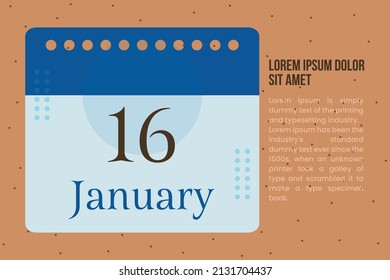 16 January Calendar day template design with title, and paragraph. Calendar conceptual vector illustration.