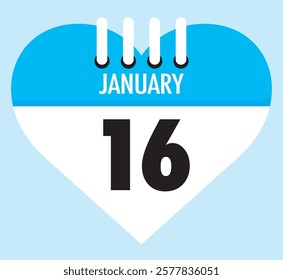 16 January calendar icon sky blue heart shape on light sky blue color background, calendar vector symbol for the month of January.