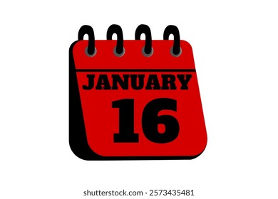 16 January calendar icon text page monthly web design on red, black and white background vector, icon, or illustration with the month of January 16