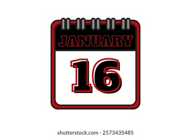 16 January calendar icon text page monthly web design on red, black and white background vector, icon, or illustration with the month of January 16
