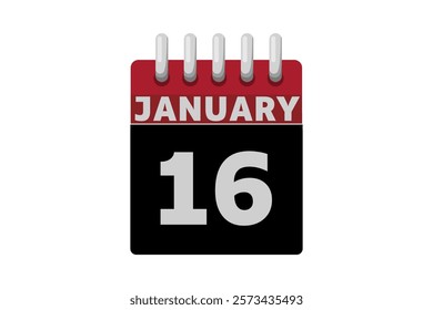 16 January calendar icon text page monthly web design on red, black and white background vector, icon, or illustration with the month of January 16