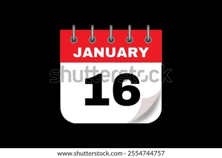 16 January calendar icon text page monthly web design on red, white and black background vector, icon, or illustration with the month of January 16