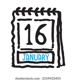 16 January date calendar - A simple yet elegant line art illustration of a date calendar captures the essence of organization and timekeeping. The clean lines and minimalistic design