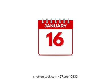 16 de enero mes Vector de un solo día, ilustración, calendario con el icono de calendario de fondo en blanco y negro del 16 de enero