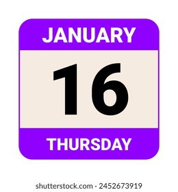 16 January, Thursday. Date template. Useful design for calendar or event promotion. Vector illustration EPS 10 File. Isolated on white background. 