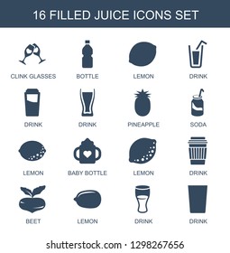 16 juice icons. Trendy juice icons white background. Included filled icons such as clink glasses, bottle, lemon, drink, pineapple, soda, Lemon. juice icon for web and mobile.