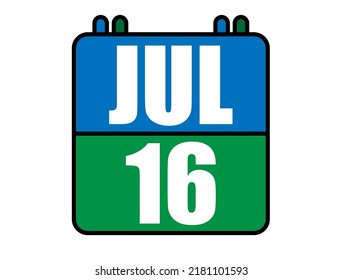 16 july calendar. Blue and green calendar page for july days. Vector isolated on white background.
