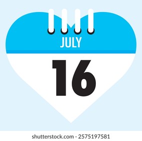 16 July calendar icon sky blue heart shape on light sky blue color background, calendar vector symbol for the month of July.
