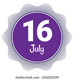 16 de julio, plantilla Fecha. Diseño útil para la promoción de calendarios o eventos. Ilustración vectorial Archivo EPS 10. Aislado sobre fondo blanco. 