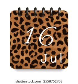 16 July. Leopard print calendar daily icon. White letters. Date day week Sunday, Monday, Tuesday, Wednesday, Thursday, Friday, Saturday.