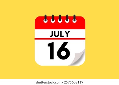 16 July month single day vector, illustration, calendar with red, black, white and yellow color background calendar July 16