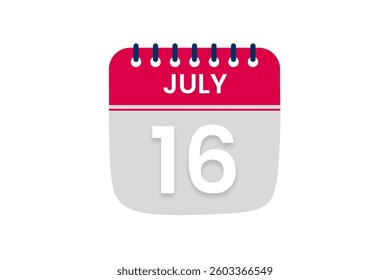 16 July month single day vector, illustration, calendar with red, off white and white color background calendar July 16