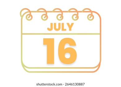 16 julho mês vetor dia único, ilustração, calendário com laranja, amarelo, marrom e branco ícone de calendário de fundo de cor de julho 16