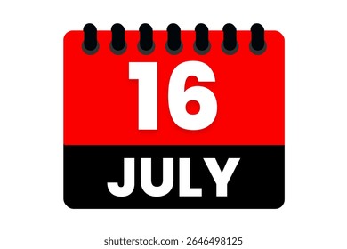 16 julho mês vetor dia único, ilustração, calendário com vermelho, preto e branco ícone de calendário de fundo de cor de julho 16