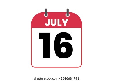 16 julho mês vetor dia único, ilustração, calendário com vermelho, preto e branco ícone de calendário de fundo de cor de julho 16