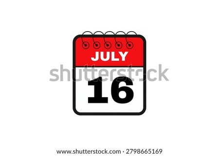 16 July month single day vector, illustration, calendar with red, black and white color background frame calendar icon of July 16