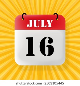 16 July. Speech bubble with calendar 2024, 2025. Year, month, day, week, time management. Planning concept. 3d illustration. Pop art style. Vector line icon for Business and Advertising